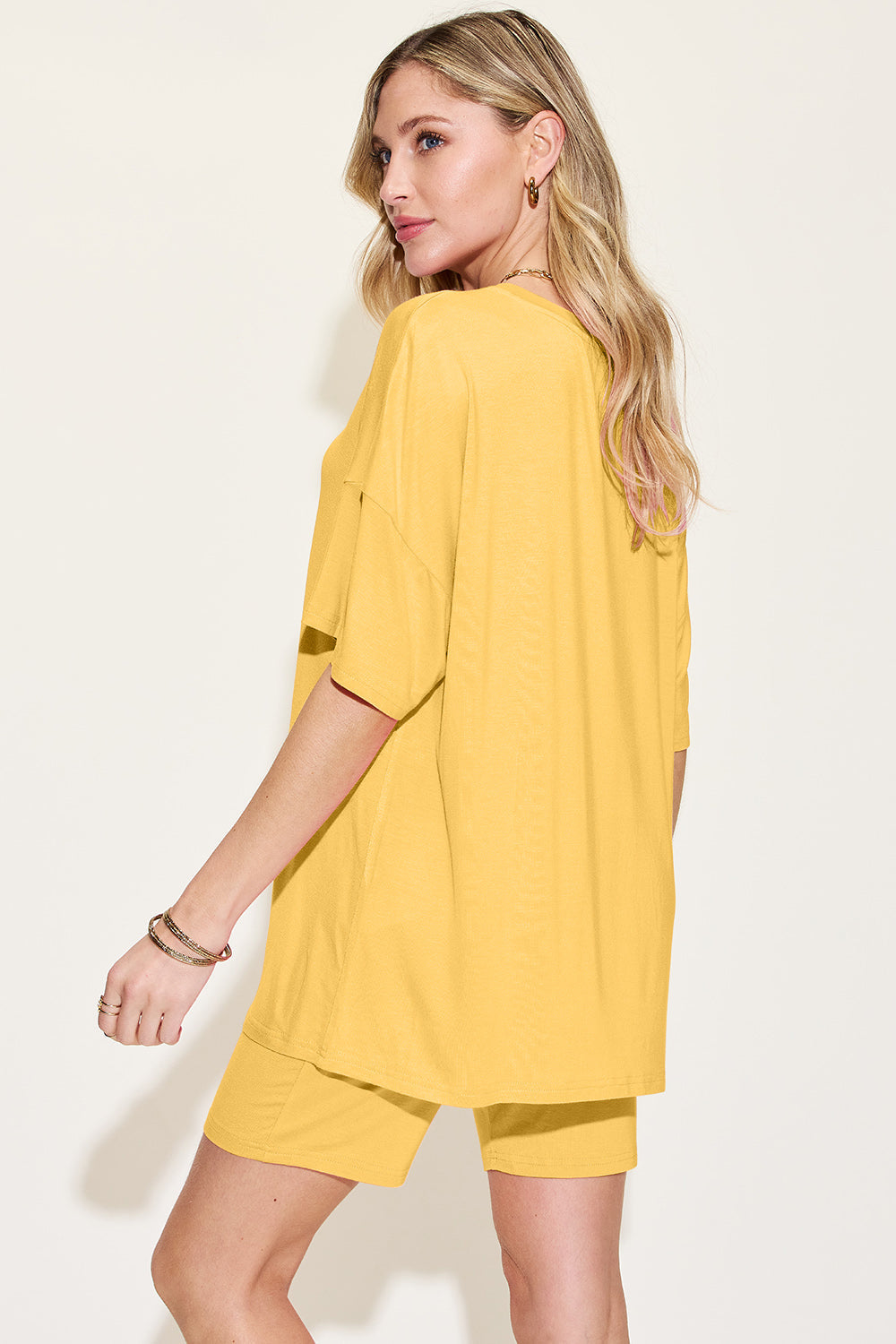Bamboo Full Size V-neck Drop Shoulder T-shirt and Shorts Set - MeeeShop Women's Fashion