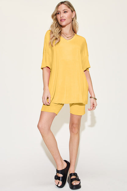 Bamboo Full Size V-neck Drop Shoulder T-shirt and Shorts Set - MeeeShop Women's Fashion