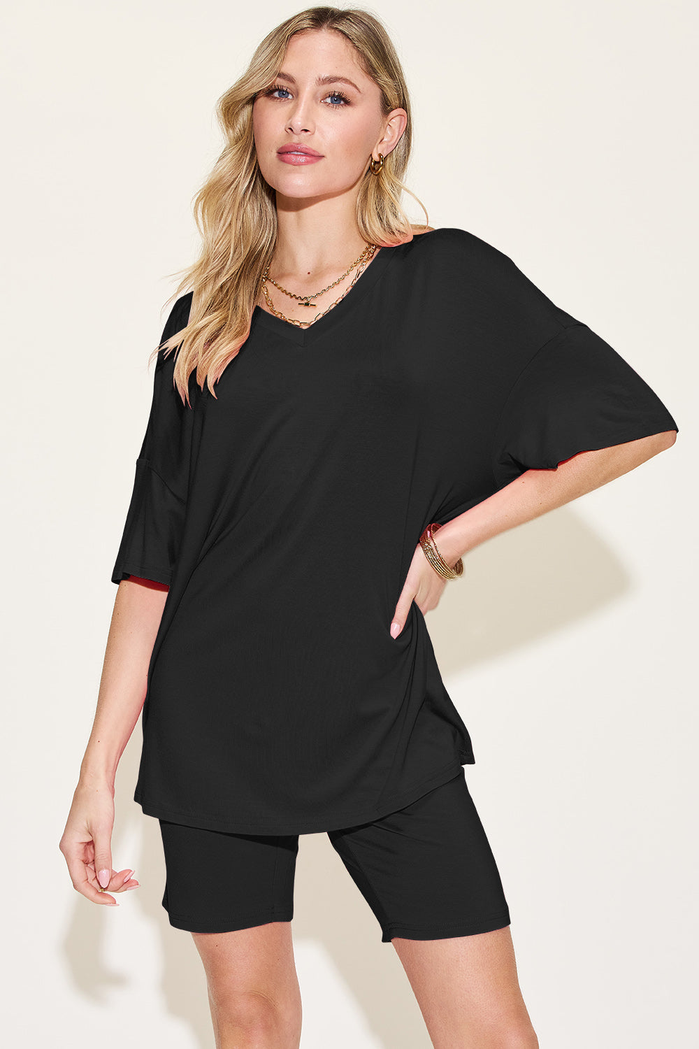 Bamboo Full Size V-neck Drop Shoulder T-shirt and Shorts Set - MeeeShop Women's Fashion