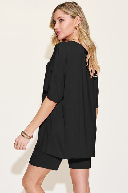 Bamboo Full Size V-neck Drop Shoulder T-shirt and Shorts Set - MeeeShop Women's Fashion