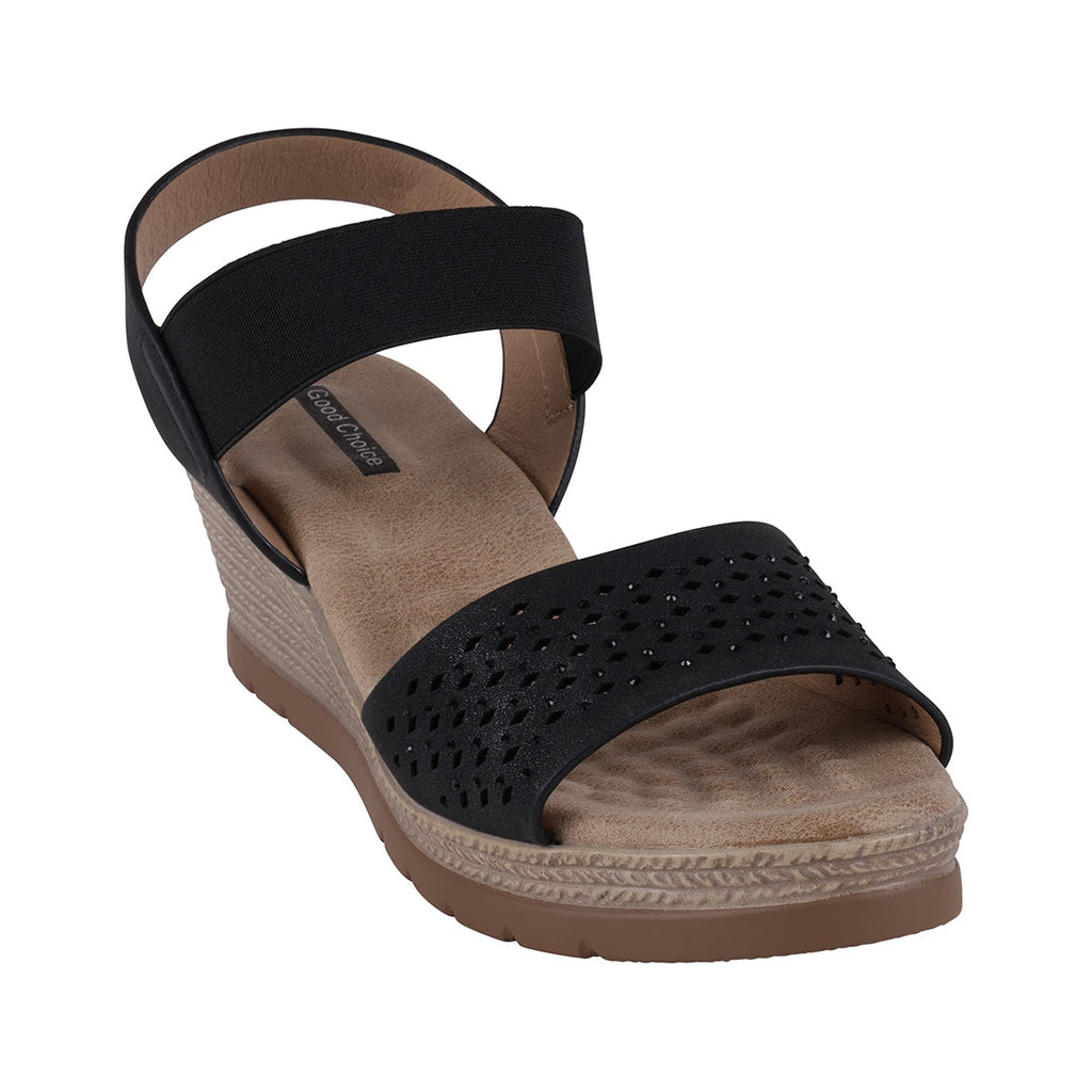 Bane Black Embellished Elastic Double Band Wedge Sandals Black (shoe) - wedge sandals, band wedge sanda - shop at us.meeeshop