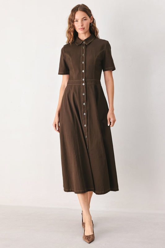 Bark Brown Vintage Woven Midi Dress in BROWN - Dark Brown Dress