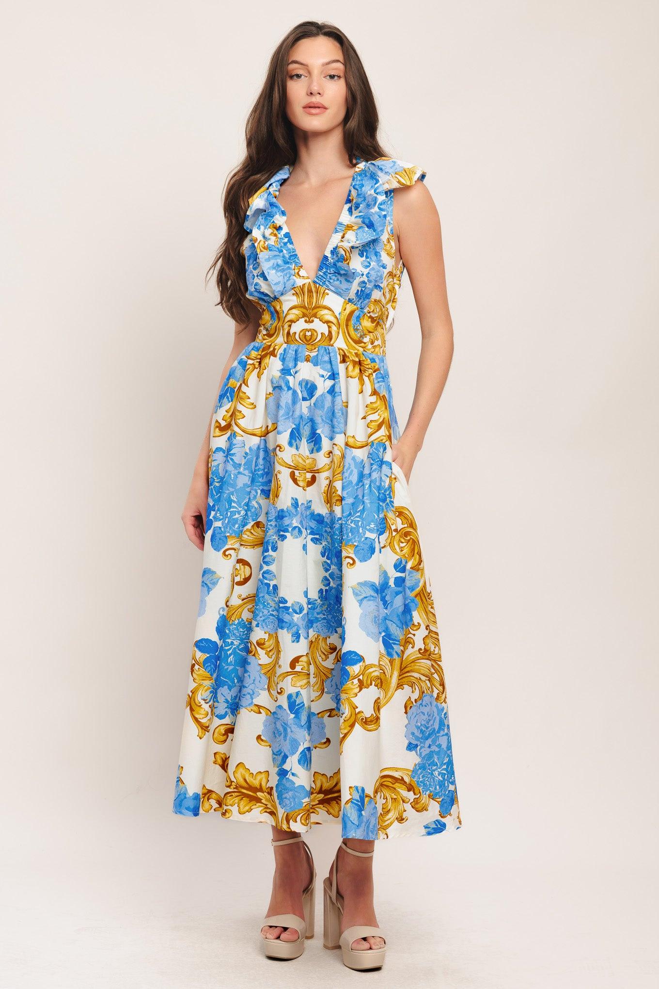 Baroque Bloom Woven Midi Dress in OFF WHITE BLUE GOLD - Baroque Floral Dress