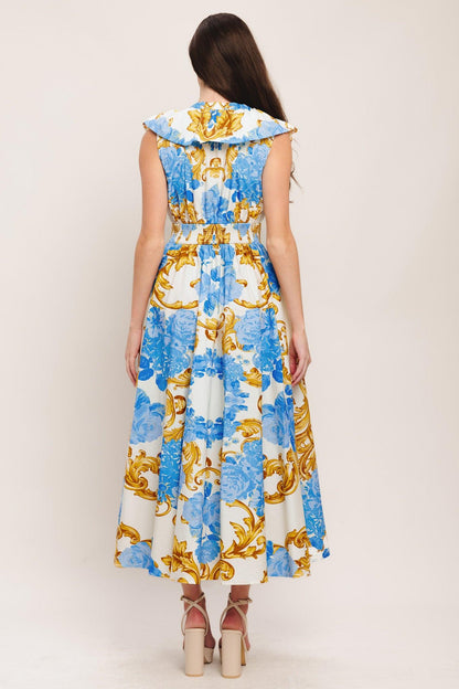 Baroque Bloom Woven Midi Dress in OFF WHITE BLUE GOLD view 2 - Baroque Floral Dress