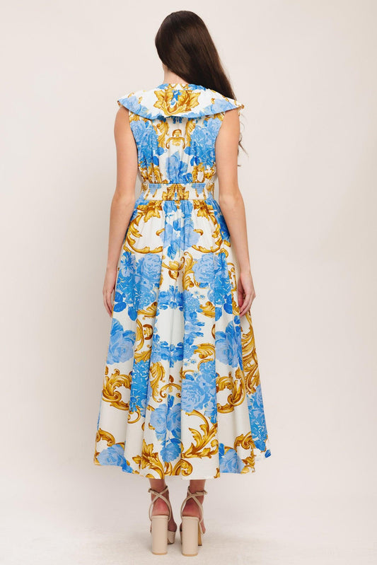 Baroque Bloom Woven Midi Dress in OFF WHITE BLUE GOLD view 2 - Baroque Floral Dress