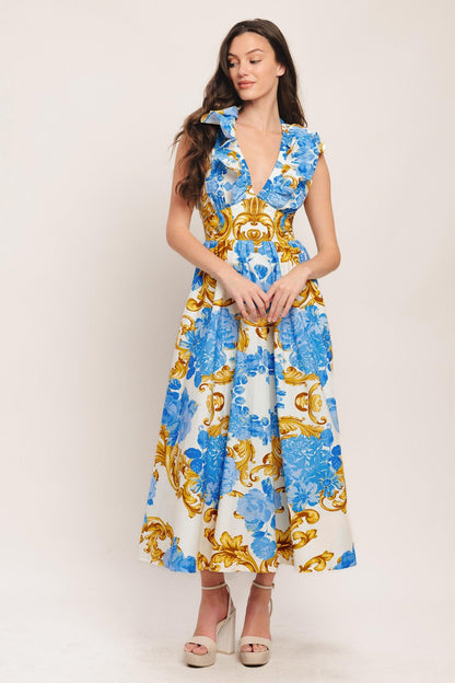 Baroque Bloom Woven Midi Dress in OFF WHITE BLUE GOLD view 3 - Baroque Floral Dress