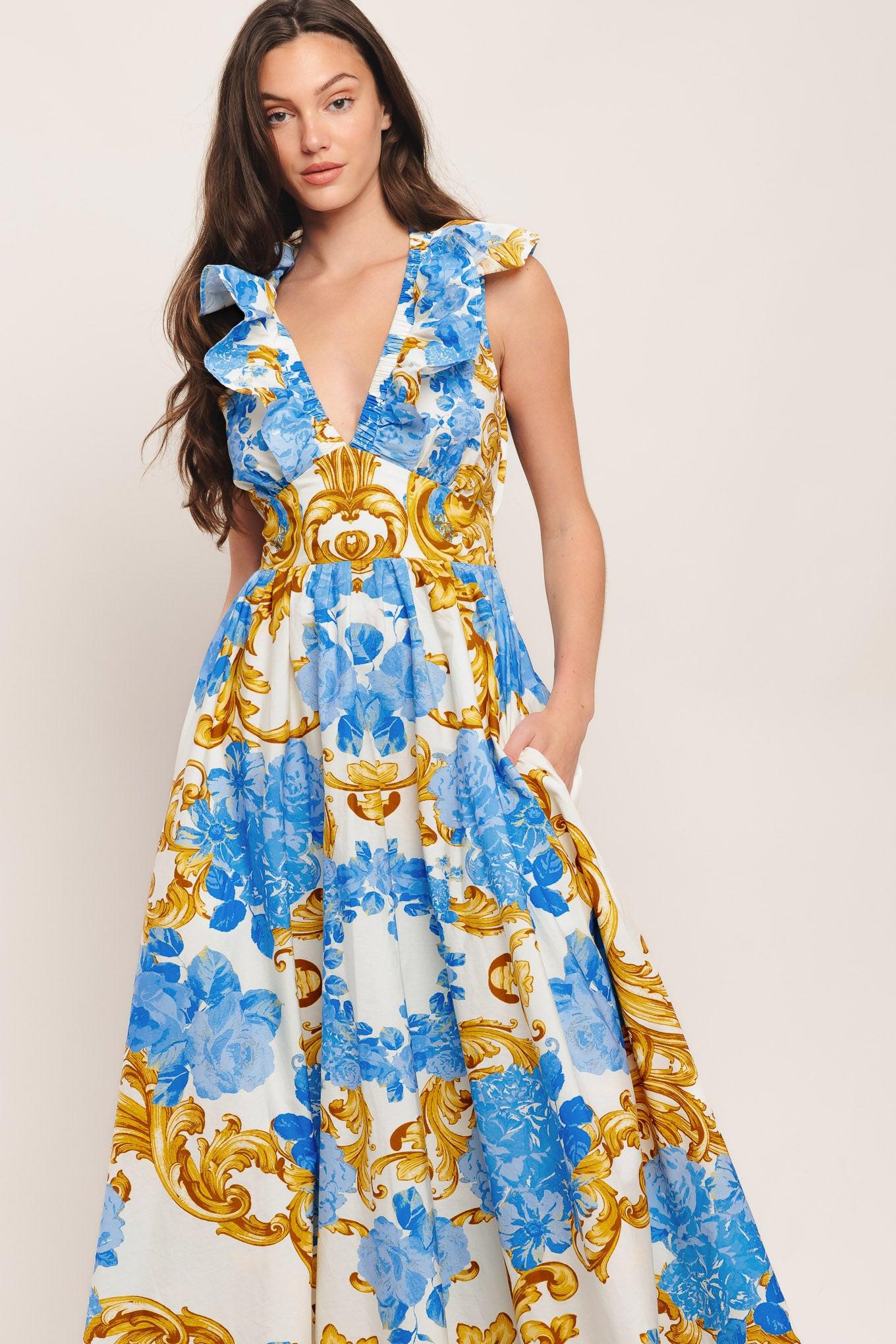 Baroque Bloom Woven Midi Dress in OFF WHITE BLUE GOLD view 5 - Baroque Floral Dress