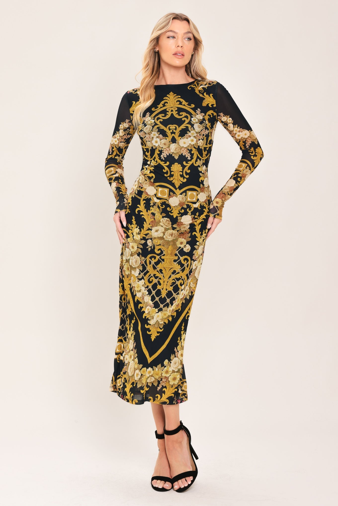 Baroque Rose Power Mesh Midi Dress in BLACK - Baroque Pink Dress