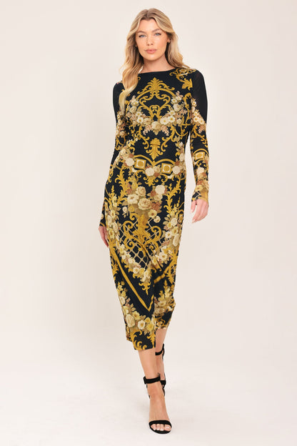 Baroque Rose Power Mesh Midi Dress in BLACK view 3 - Baroque Pink Dress