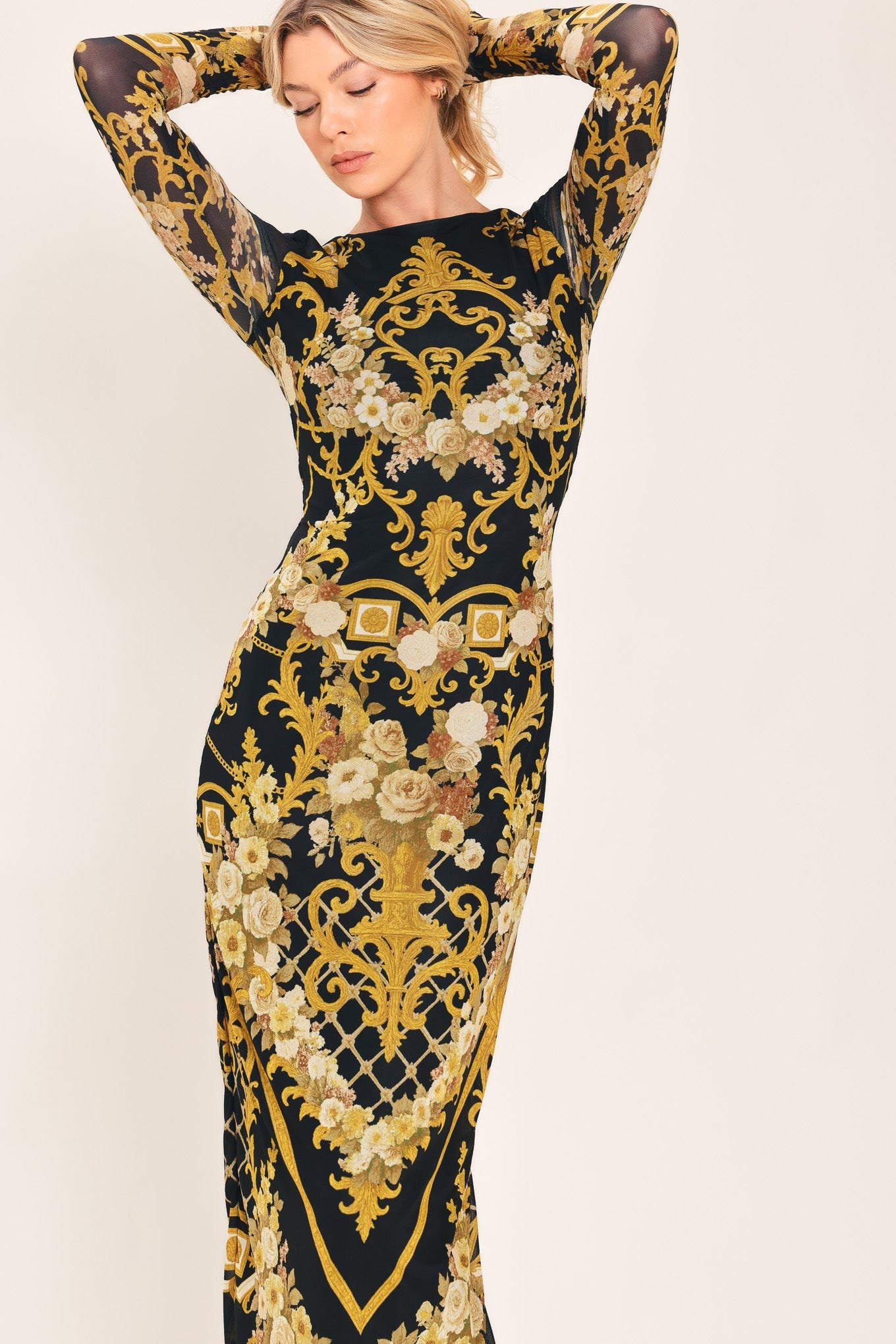 Baroque Rose Power Mesh Midi Dress view 4 - Baroque Pink Dress