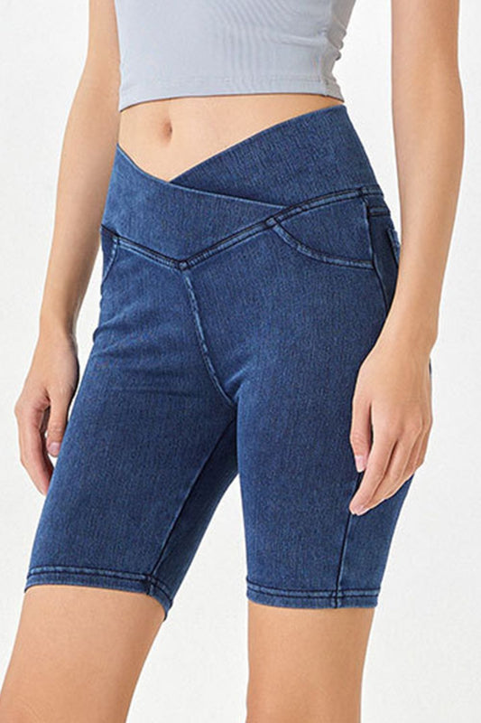 Basic Bae Asymmetrical Waist Denim Shorts with Pockets in Peacock  Blue - Shorts Pockets (bottom)