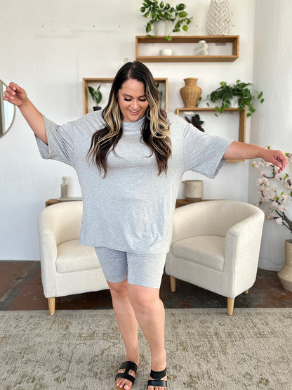 Basic Bae Bamboo Full Size Round Neck Drop Shoulder T-shirt and Shorts Set in Gray view 10 - Basic Bae Pants (top)
