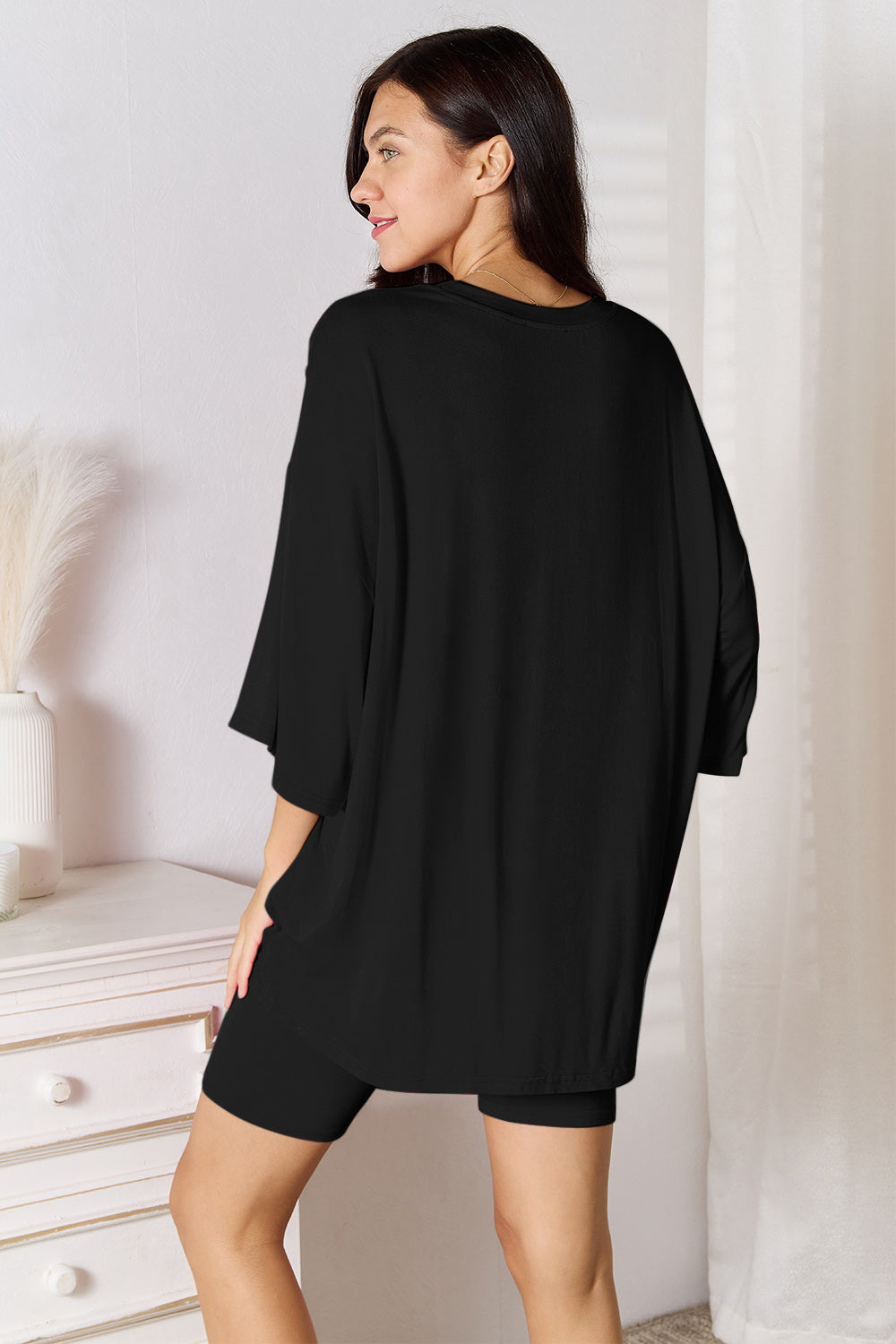 Basic Bae Bamboo Full Size Round Neck Drop Shoulder T-shirt and Shorts Set in Black view 3 - Basic Bae Pants (top)