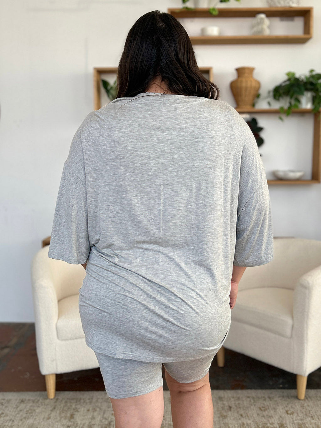Basic Bae Bamboo Full Size Round Neck Drop Shoulder T-shirt and Shorts Set Gray view 9 (top) - shop at us.meeeshop
