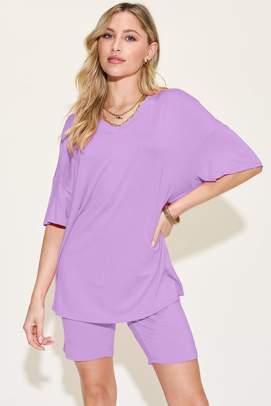 Basic Bae Bamboo Full Size V-neck Drop Shoulder T-shirt and Shorts Set in Lavender - Basic Bae Lounge Set (top)