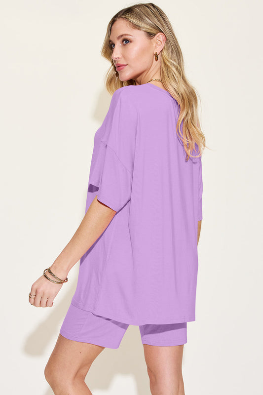 Basic Bae Bamboo Full Size V-neck Drop Shoulder T-shirt and Shorts Set in Lavender view 2 - Basic Bae Lounge Set