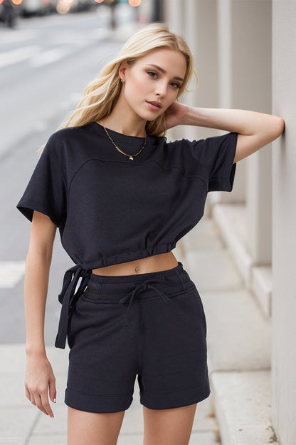 Basic Bae Drawstring Hem Air Scuba Round Neck Short Sleeve T-shirt in Sky Blue view 10 - Short Shirt (top)