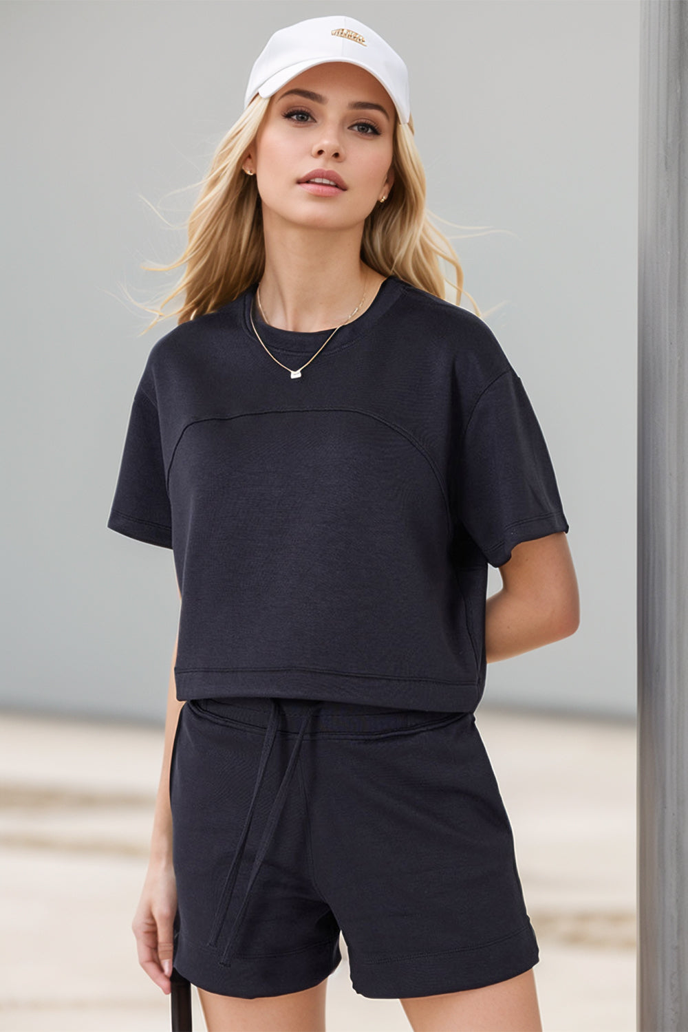 Basic Bae Drawstring Hem Air Scuba Round Neck Short Sleeve T-shirt in Sky Blue view 11 - Short Shirt (top)