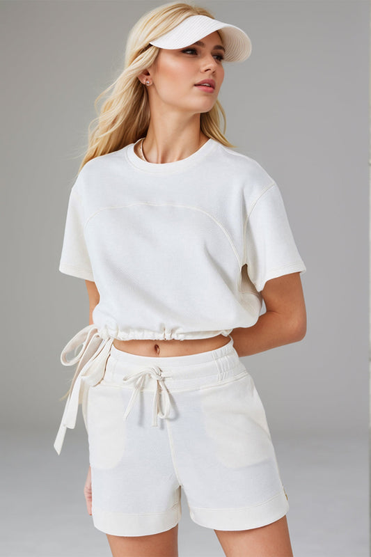 Basic Bae Drawstring Hem Air Scuba Round Neck Short Sleeve T-shirt in Cream view 2 - Short Shirt (top)
