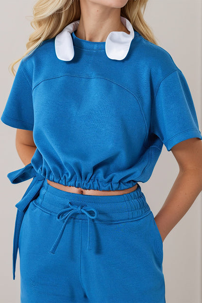 Basic Bae Drawstring Hem Air Scuba Round Neck Short Sleeve T-shirt in Sky Blue view 9 - Short Shirt (top)