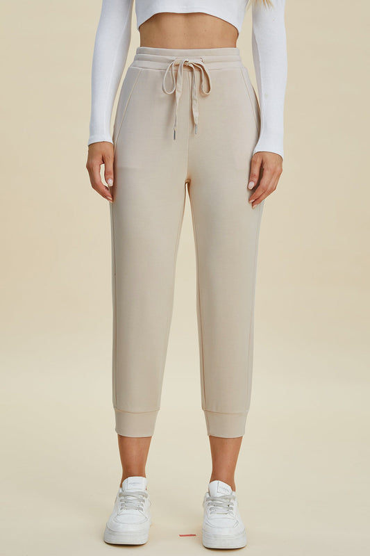 Basic Bae Full Size Air Scuba Drawstring High Waist Cropped Pants in Beige - High-Waisted - Basics Pants Price (bottom)