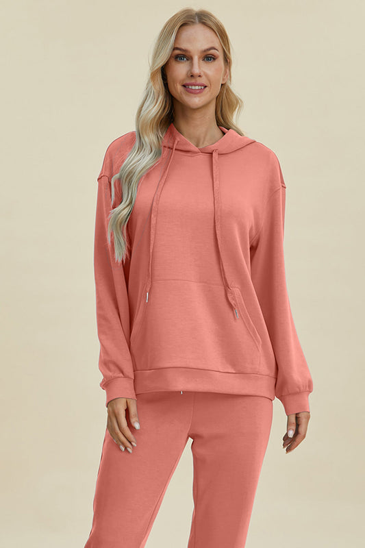 Basic Bae Full Size Air Scuba Drawstring Long Sleeve Hoodie with Kangaroo Pocket in Coral view 2 - Kanga Hoodie