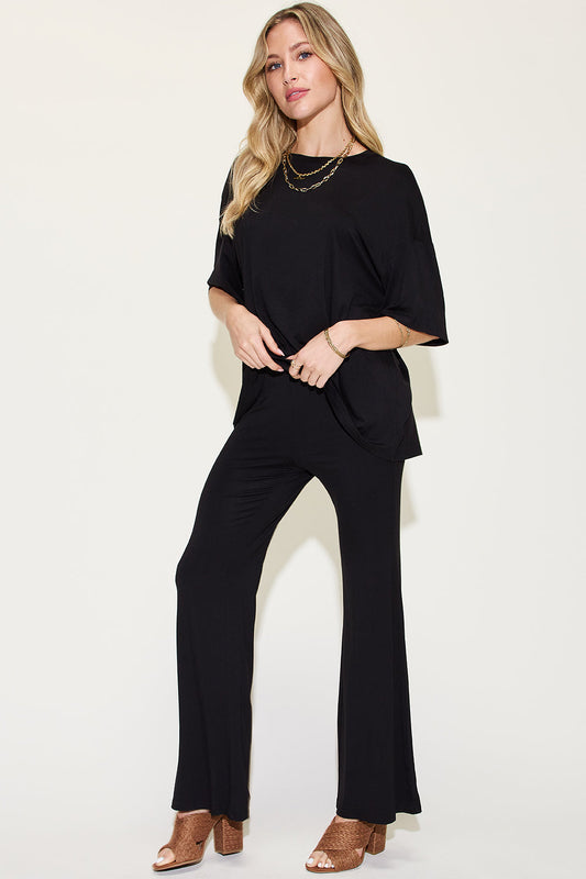 Basic Bae Full Size Bamboo Drop Shoulder T-shirt and Flare Pants Set in Black - Basic Bae Lounge Set (top)