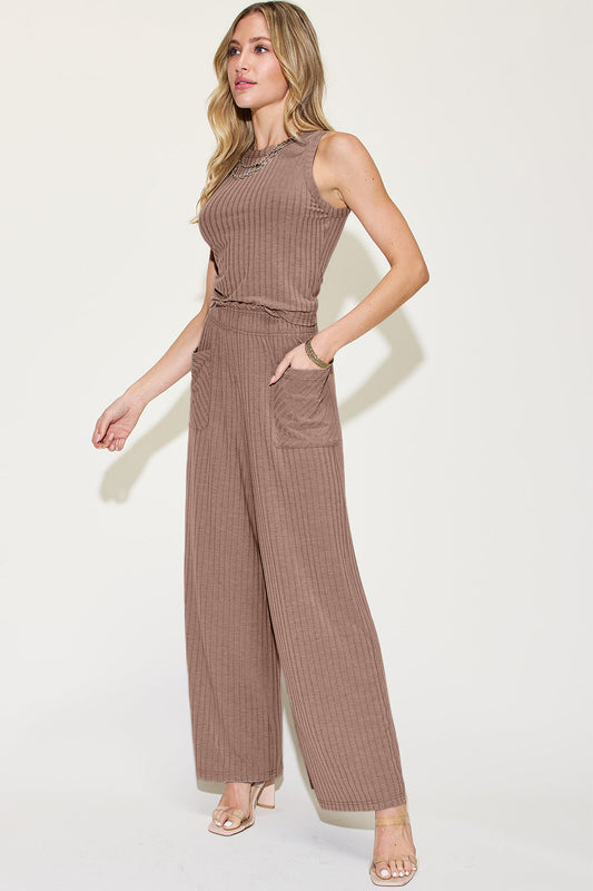 Basic Bae Full Size Ribbed Tank and Wide Leg Pants Set in Mocha view 2 - Basic Bae Lounge Set (top)