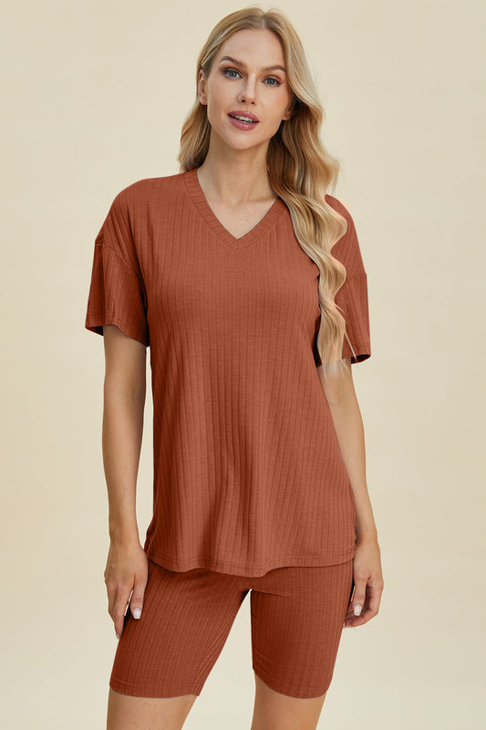 Basic Bae Full Size Ribbed V-neck Short Sleeve Top and Shorts Set in Caramel - Set Top