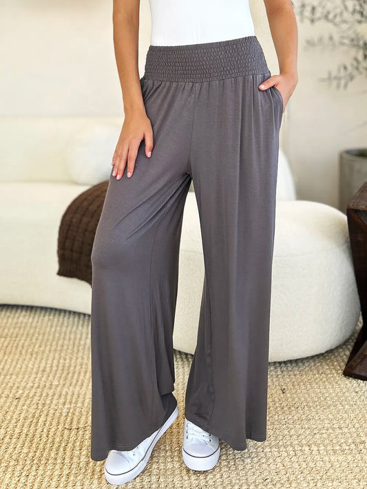 Basic Bae Full Size Smocked Wide Waistband Wide Leg Pants in Dark Gray - Basics Pants Price (bottom)