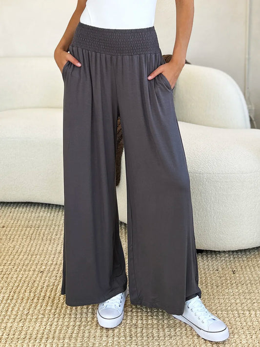 Basic Bae Full Size Smocked Wide Waistband Wide Leg Pants in Dark Gray view 2 - Basics Pants Price (bottom)