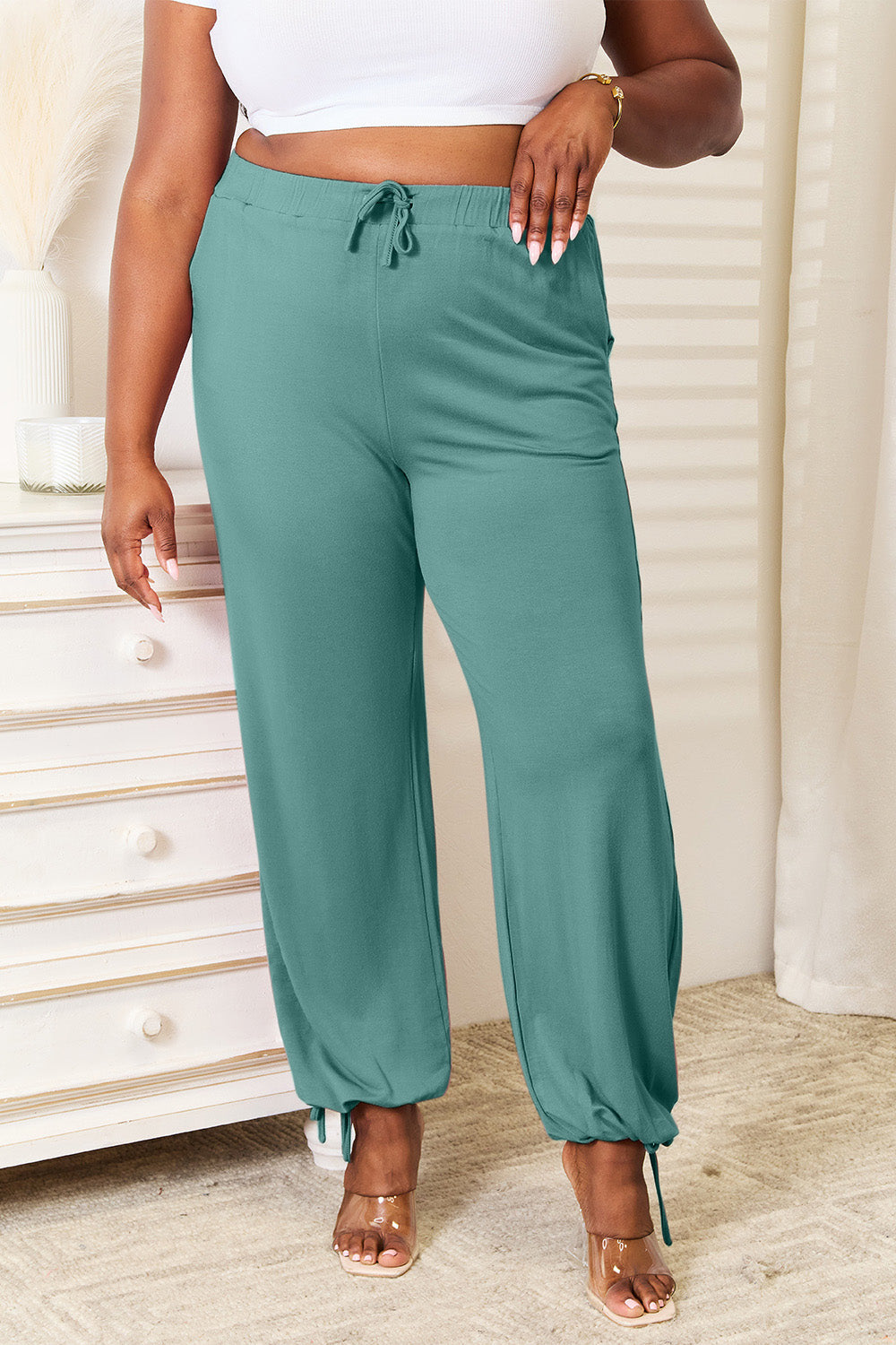 Basic Bae Full Size Soft Rayon Drawstring Waist Pants with Pockets in Turquoise view 3 - Pants Pockets (bottom)