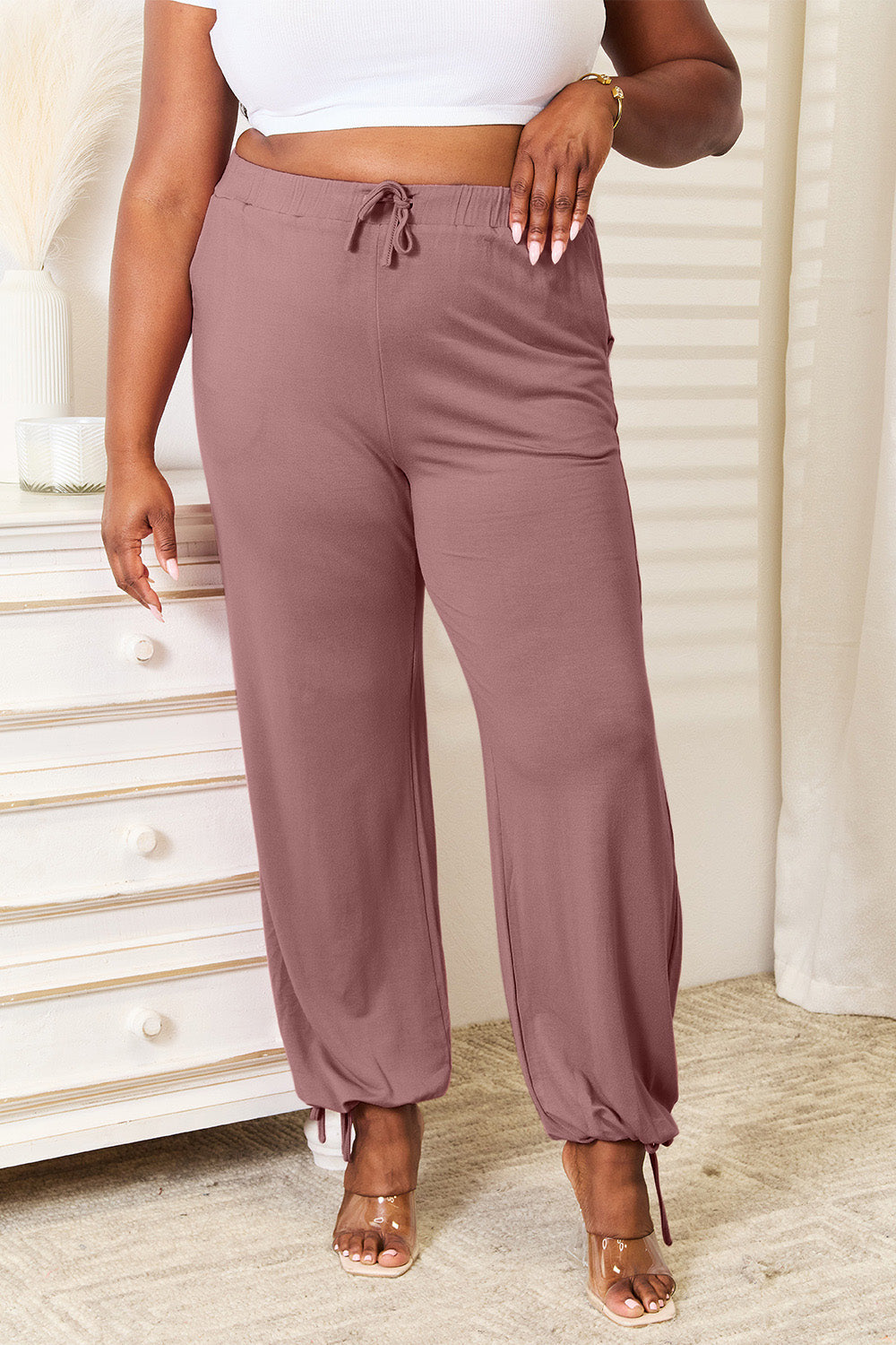 Basic Bae Full Size Soft Rayon Drawstring Waist Pants with Pockets in Dusty Pink view 7 - Pants Pockets (bottom)