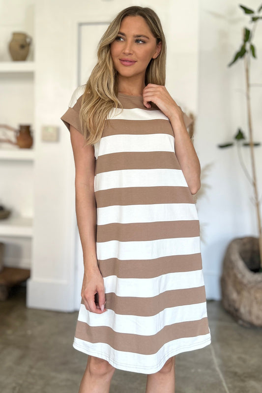 Basic Bae Full Size Striped Round Neck Cap Sleeve Mini Dress in Camel - Basic Bae Clothing