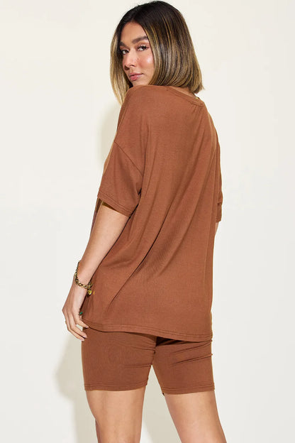 Basic Bae Full Size V-neck Drop Shoulder T-shirt and Shorts Set in Pink view 11 - Set 1 (top)