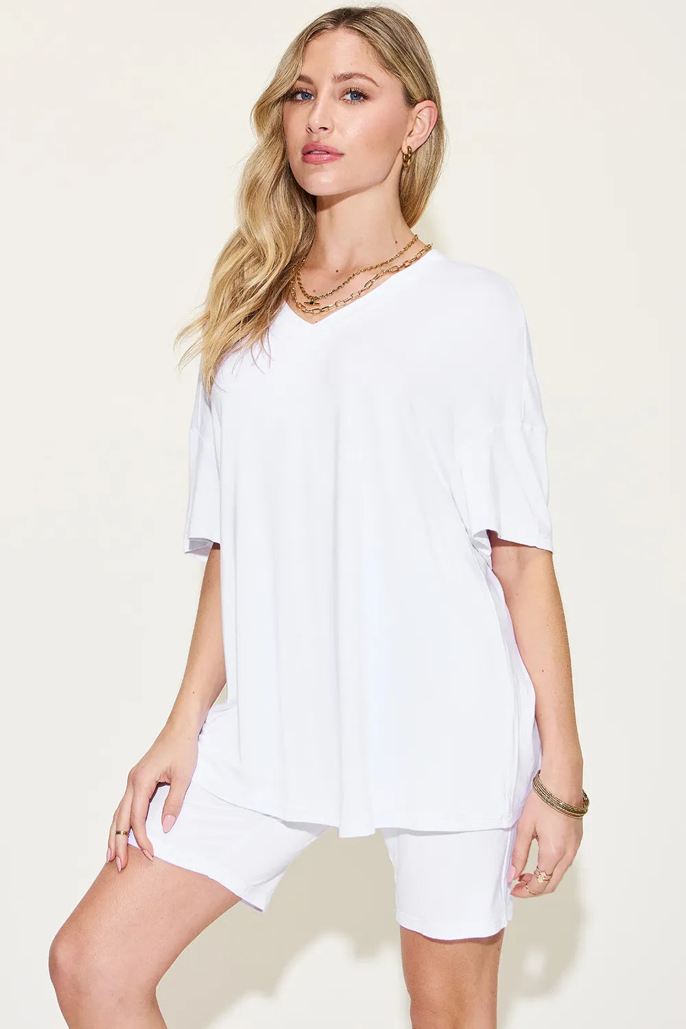Basic Bae Full Size V-neck Drop Shoulder T-shirt and Shorts Set in Dark Gray view 13 - Set 1 (top)