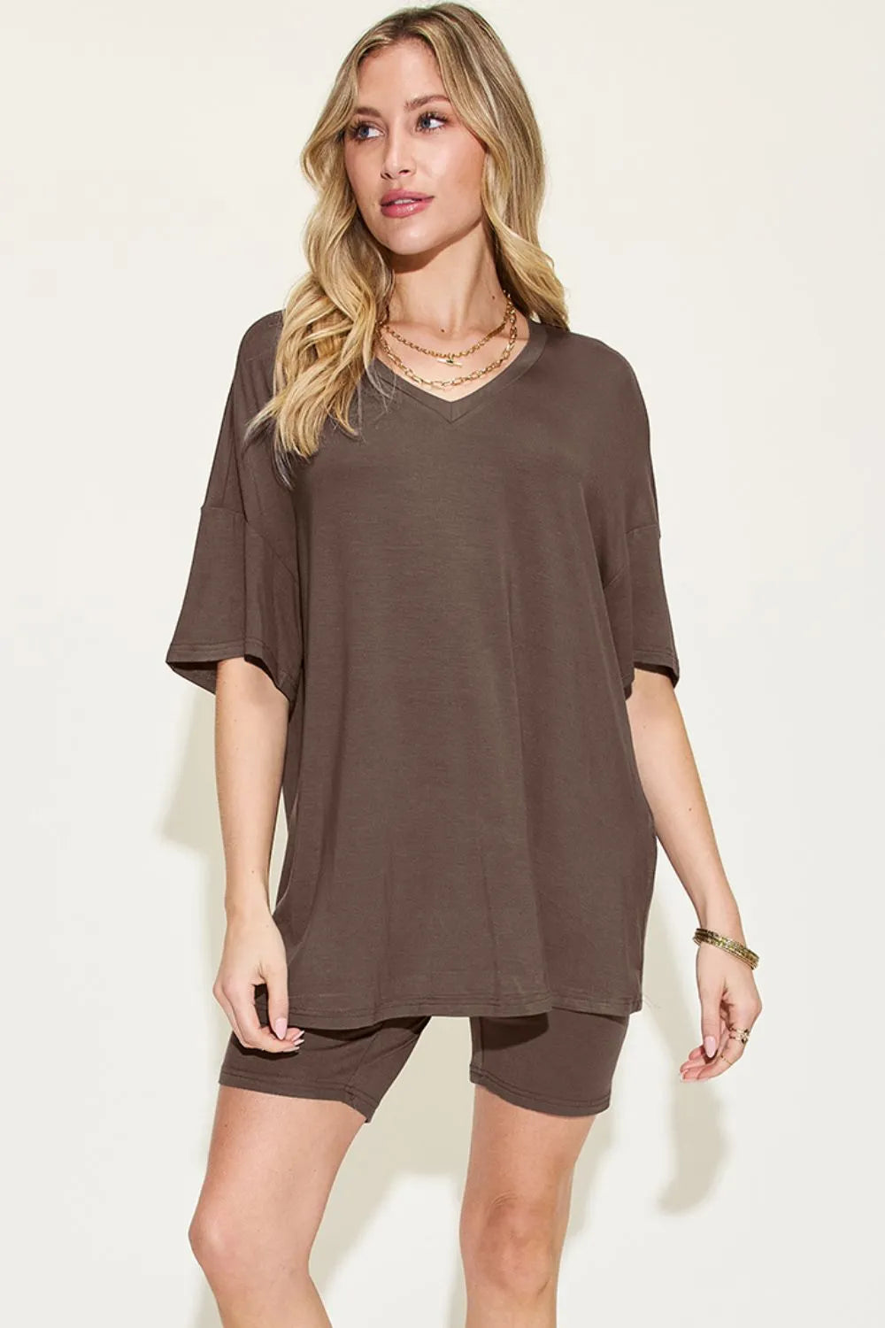 Basic Bae Full Size V-neck Drop Shoulder T-shirt and Shorts Set in Dark Gray view 17 - Set 1 (top)