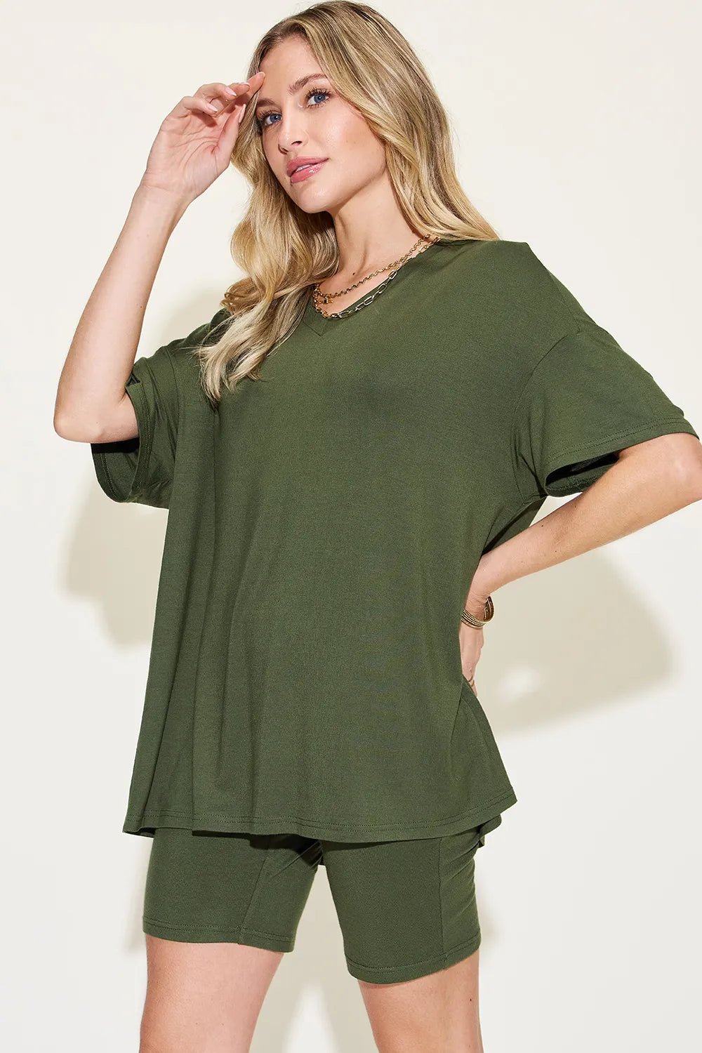 Basic Bae Full Size V-neck Drop Shoulder T-shirt and Shorts Set in White view 22 - Set 1 (top)
