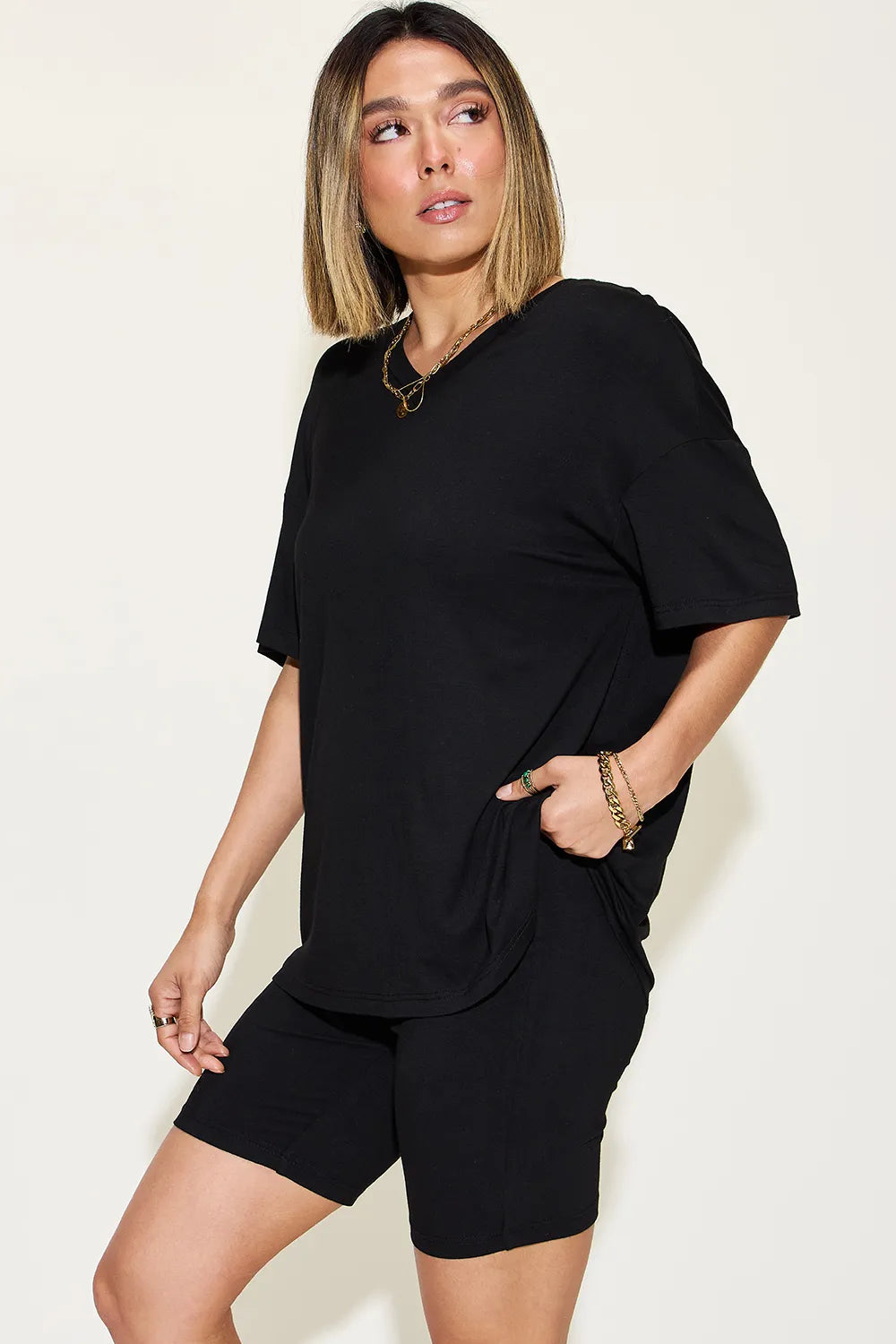 Basic Bae Full Size V-neck Drop Shoulder T-shirt and Shorts Set in White view 24 - Set 1 (top)