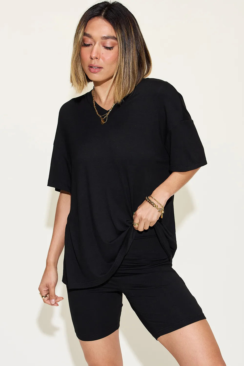 Basic Bae Full Size V-neck Drop Shoulder T-shirt and Shorts Set in Matcha Green view 25 - Set 1 (top)