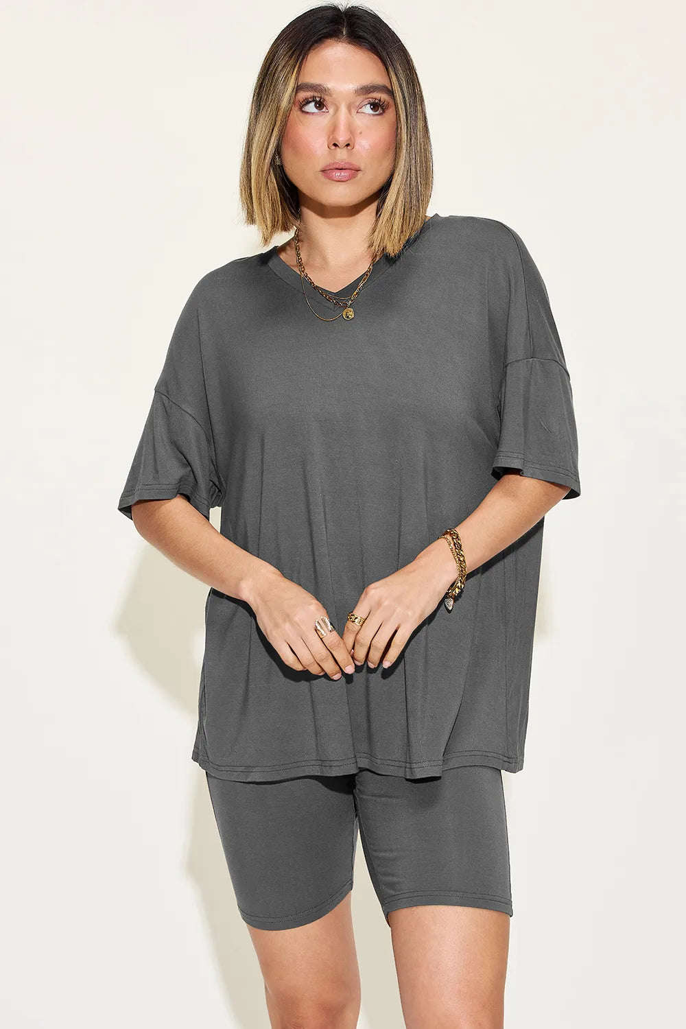Basic Bae Full Size V-neck Drop Shoulder T-shirt and Shorts Set in Matcha Green view 27 - Set 1 (top)