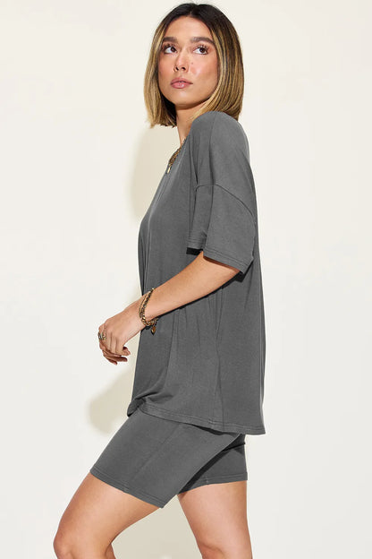Basic Bae Full Size V-neck Drop Shoulder T-shirt and Shorts Set in Matcha Green view 28 - Set 1 (top)