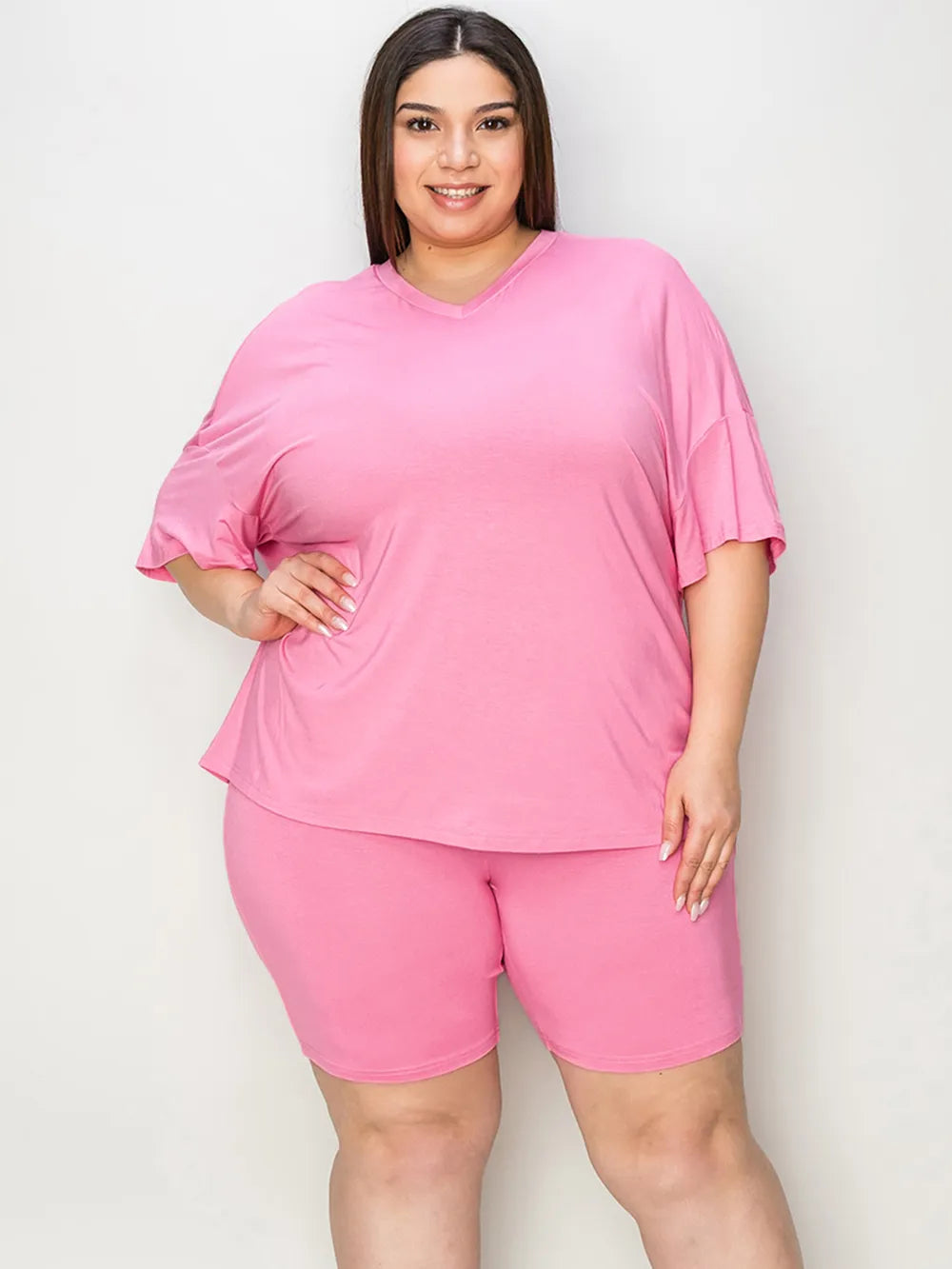 Basic Bae Full Size V-neck Drop Shoulder T-shirt and Shorts Set in Brown view 5 - Set 1 (top)