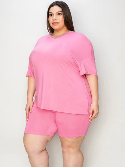 Basic Bae Full Size V-neck Drop Shoulder T-shirt and Shorts Set in Pink view 7 - Set 1 (top)
