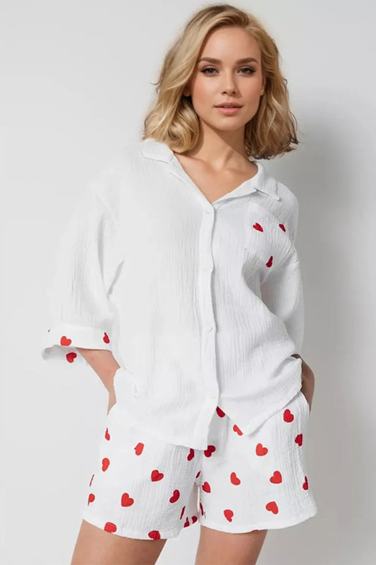 Basic Bae Heart Collared Neck Button Down Top and Shorts Set in White - Set Top