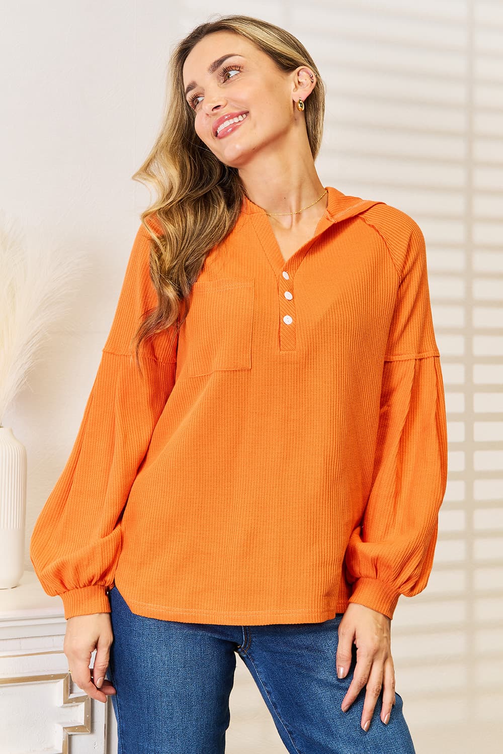 Basic Bae Side Slit Buttoned Waffle Knit Hoodie in Orange - Fall Wardrobe Essential (top)