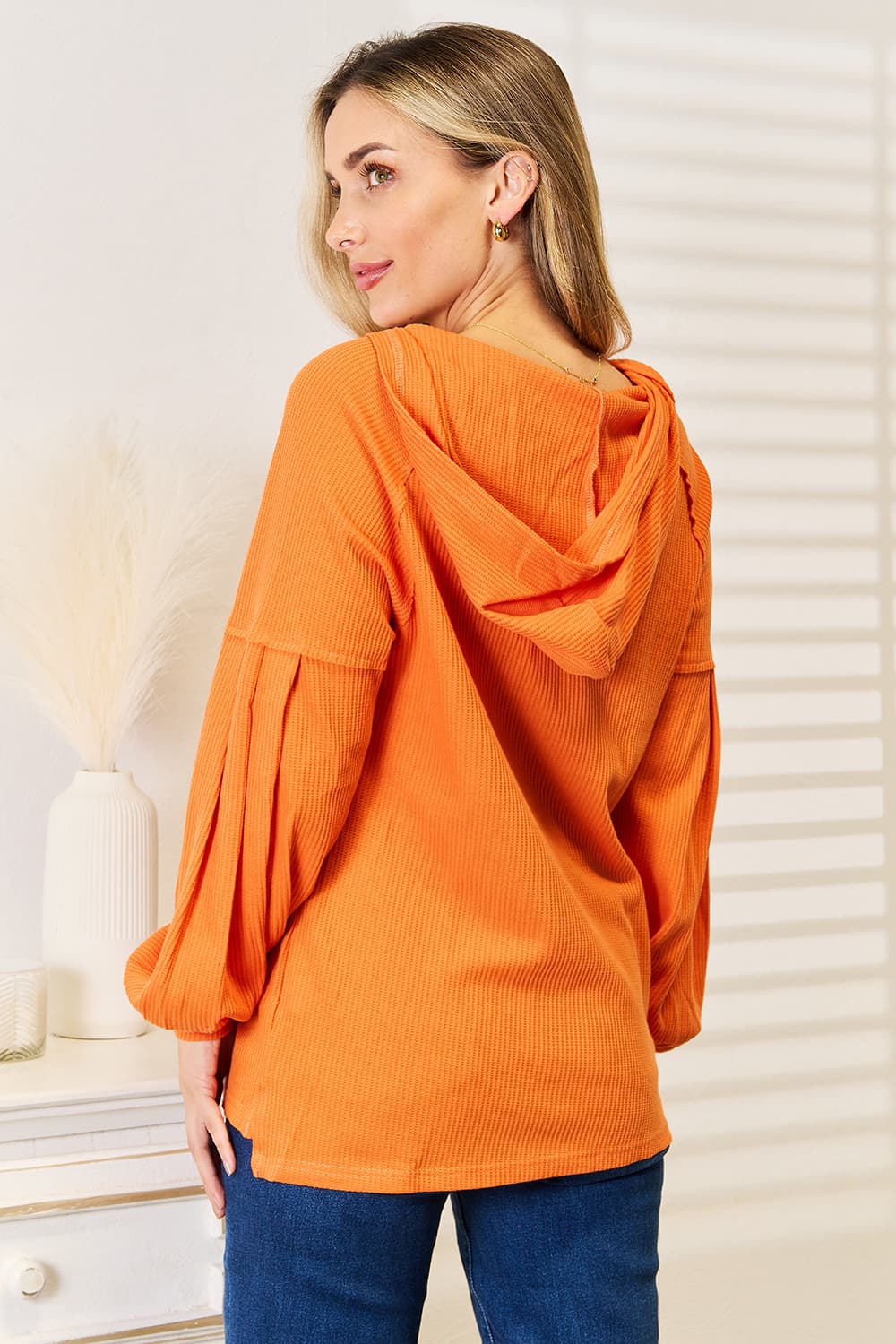 Basic Bae Side Slit Buttoned Waffle Knit Hoodie in Orange view 3 - Fall Wardrobe Essential (top)