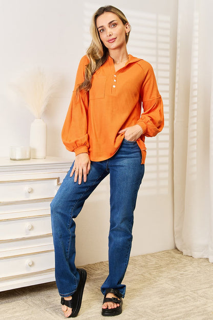 Basic Bae Side Slit Buttoned Waffle Knit Hoodie in Orange view 4 - Fall Wardrobe Essential (top)