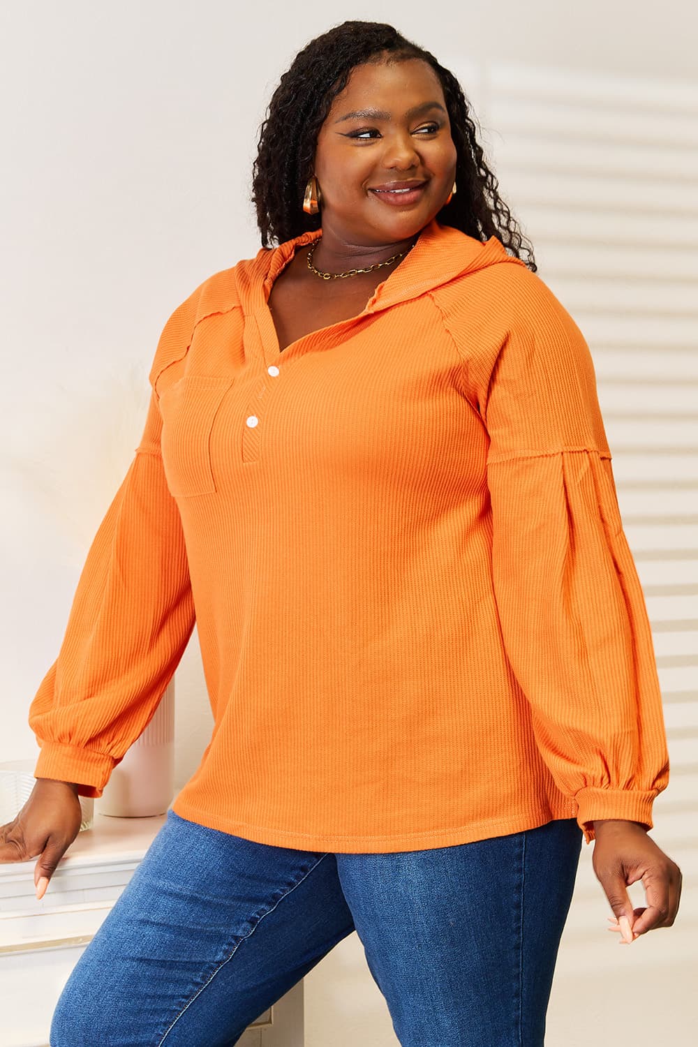 Basic Bae Side Slit Buttoned Waffle Knit Hoodie view 8 - Fall Wardrobe Essential (top)