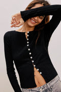 Basic Bae Texture Button up Round Neck Long Sleeve Top Black (top) - long top, round long top - shop at us.meeeshop